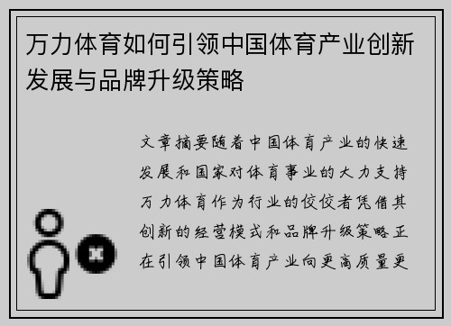 万力体育如何引领中国体育产业创新发展与品牌升级策略