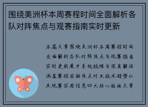 围绕美洲杯本周赛程时间全面解析各队对阵焦点与观赛指南实时更新 围绕美洲杯本周赛程时间全面解析各队对阵焦点与观赛指南实时更新