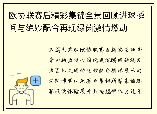 欧协联赛后精彩集锦全景回顾进球瞬间与绝妙配合再现绿茵激情燃动 欧协联赛后精彩集锦全景回顾进球瞬间与绝妙配合再现绿茵激情燃动